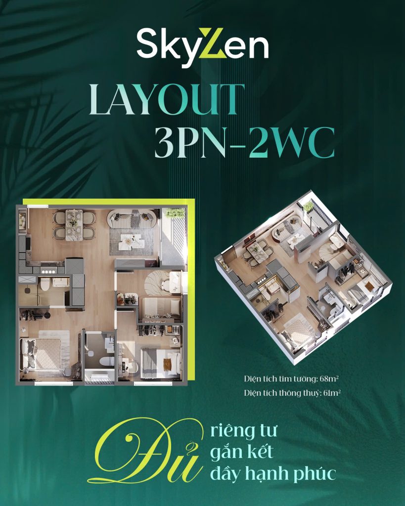 layout căn hộ 3N-2WC Picity SkyZen