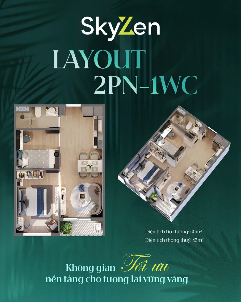 Layout 3D căn hộ 2PN-1WC Picity Sky Zen